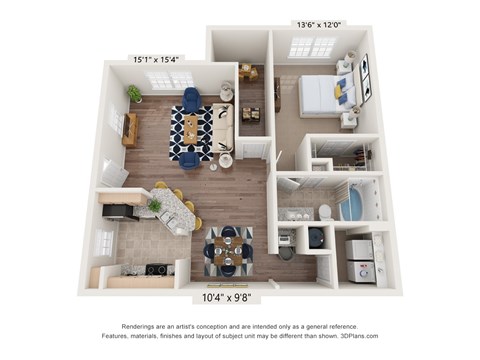 Floor plan for 1 bed, 1 bath, 863 sqft